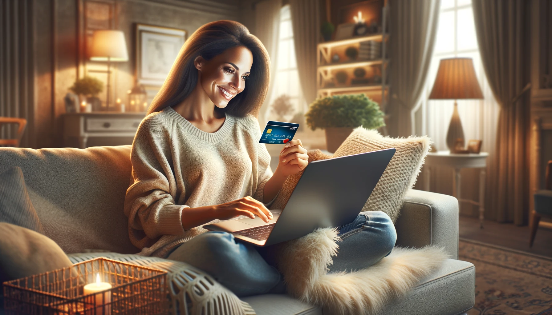 happy woman relaxing on a couch in her living room, engaging in internet banking on her laptop with a credit card in hand, ready for online shopping.